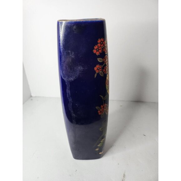 VINTAGE Asian Japanese Vase Porcelain Cobalt Blue Gold Peacock Hand Painted - Picture 5 of 9